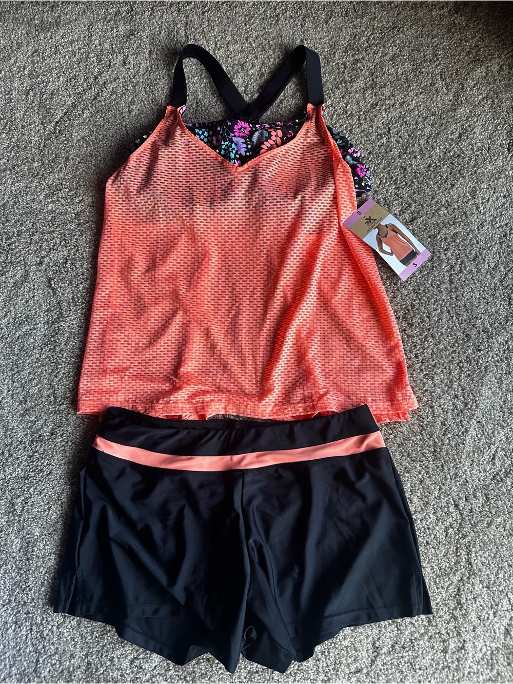 NWT ZeroXposur Coral Mesh Tankini with Black Swim Shorts